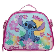 Pink insulated lunch tote with zip top and Stitch floral graphic, front pocket.