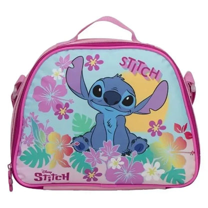 Pink insulated lunch tote with zip top and Stitch floral graphic, front pocket.