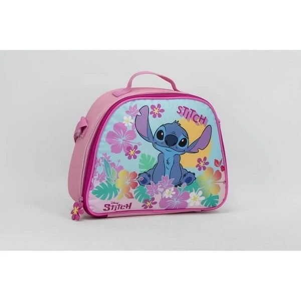 Pink insulated lunch tote with top handle, zip closure, Stitch floral front.