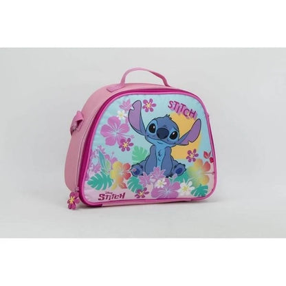 Pink insulated lunch tote with top handle, zip closure, Stitch floral front.