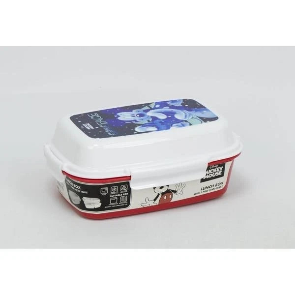 Sunce Mickey lunch box with 4 trays, white base with red stripe and cartoon art