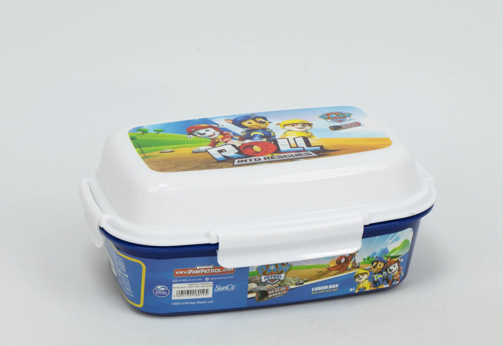 Paw Patrol kids lunch box with 4 tray compartments, blue and white lid