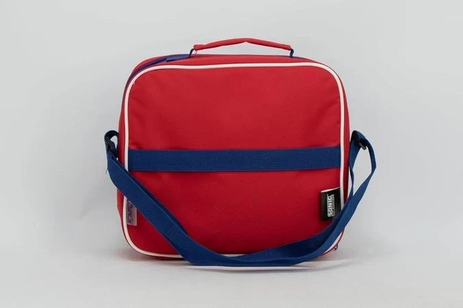 Sunce Sonic insulated lunch tote, red body with navy trim and crossbody strap