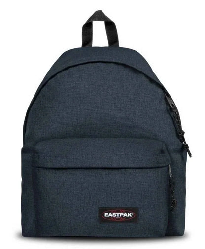 Navy denim padded backpack with front pocket and top handle, Eastpak logo patch