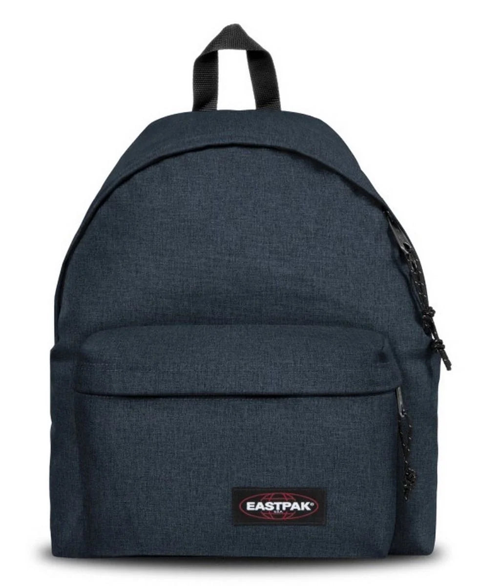 Eastpak padded denim backpack with top handle, front zip pocket, logo patch