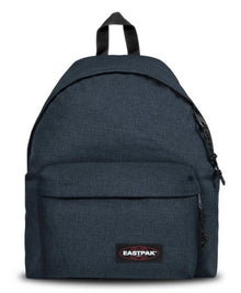 Eastpak padded denim backpack with top handle, front zip pocket, logo patch