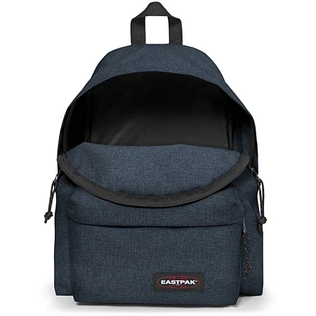 Eastpak padded denim backpack with open top, interior lining, front logo patch