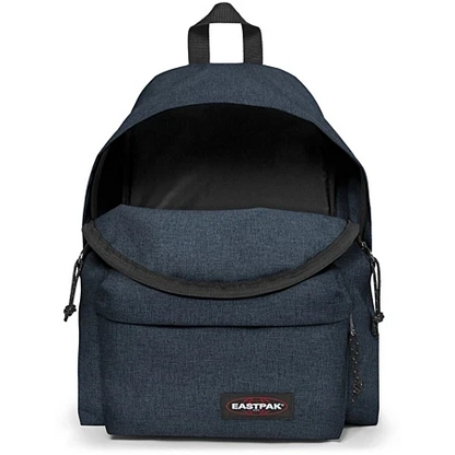 Eastpak padded denim backpack with open top, interior lining, front logo patch