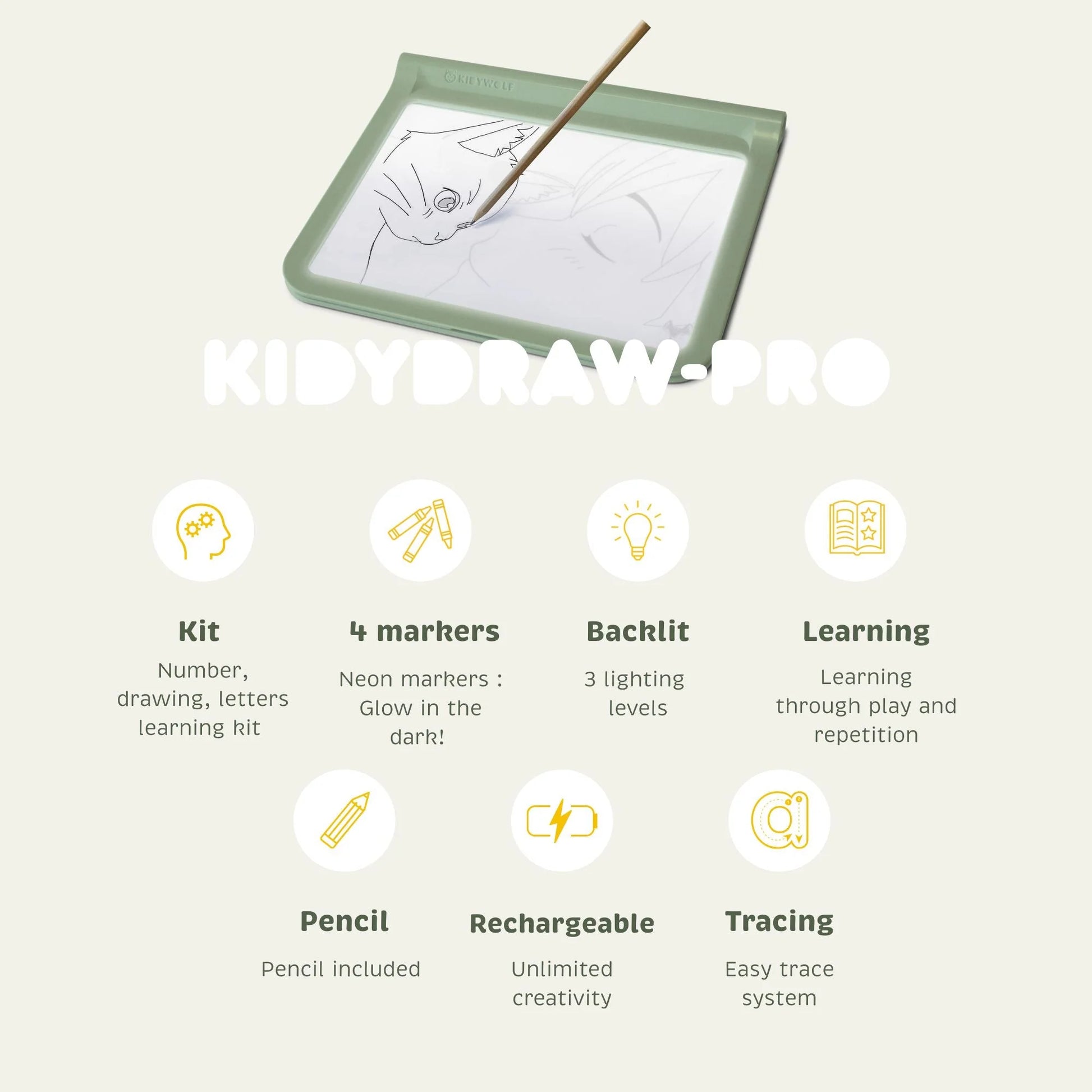 A4 light drawing tablet promo card with green tablet and feature icons