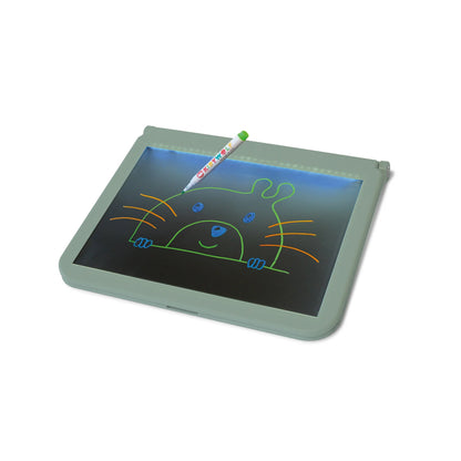 Kids marker set: cat face drawing in colorful lines on a light board