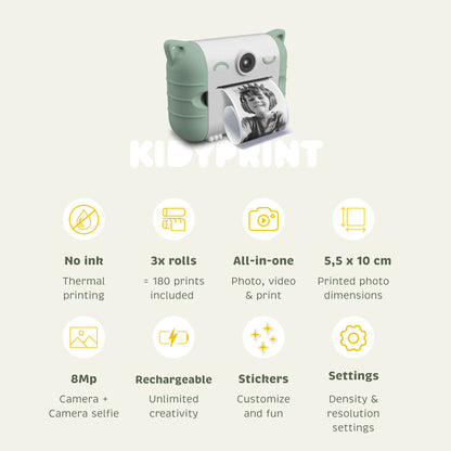 Mint green thermal print camera with lens and printed photo preview, feature icons below