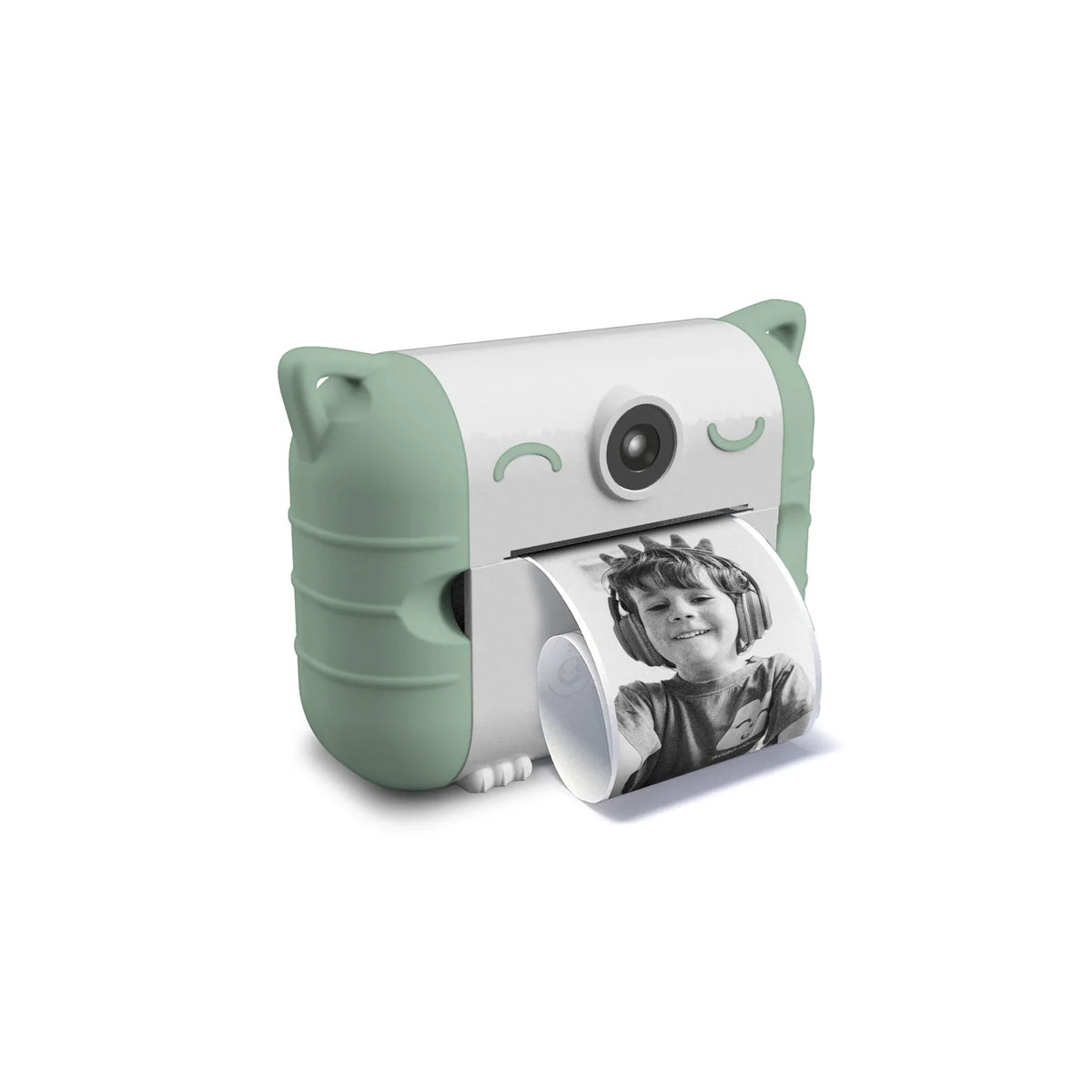 Green thermal print camera with photo window and built-in photo preview display