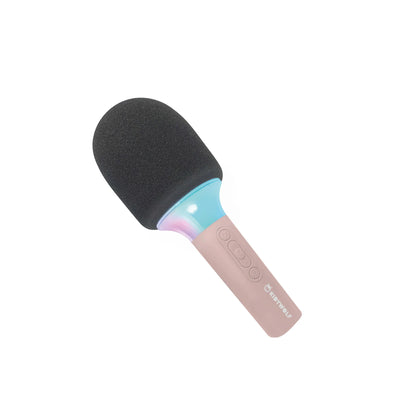 Pink karaoke microphone with black foam head and light-translucent accent band