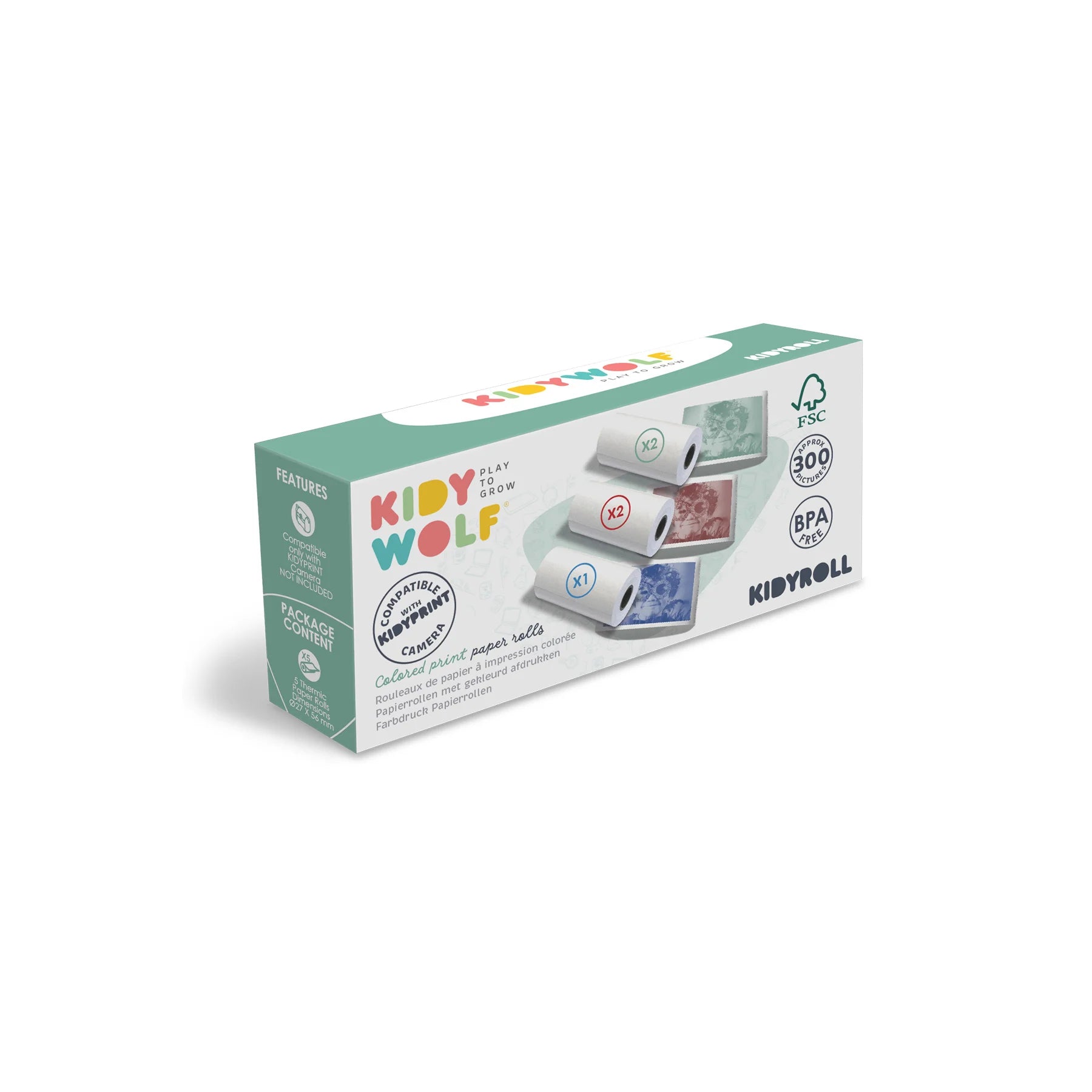 Colored paper refill rolls for Kidyprint camera, boxed pack with play icons
