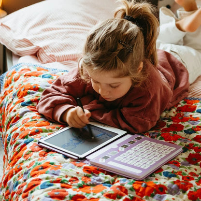 Kidydraw mini drawing pad with purple stylus and princess stencil on screen