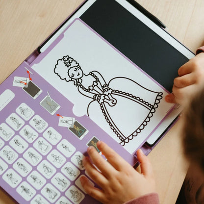 Kidydraw mini drawing pad screen with princess outline and purple control panel