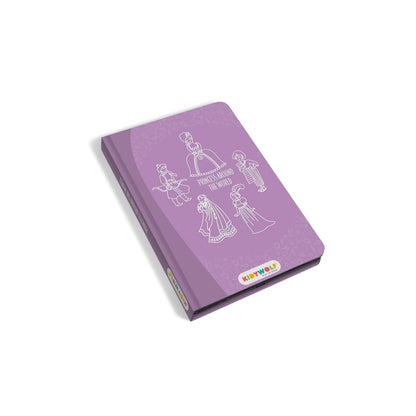 Kidydraw mini drawing pad box with purple cover and princess character line art