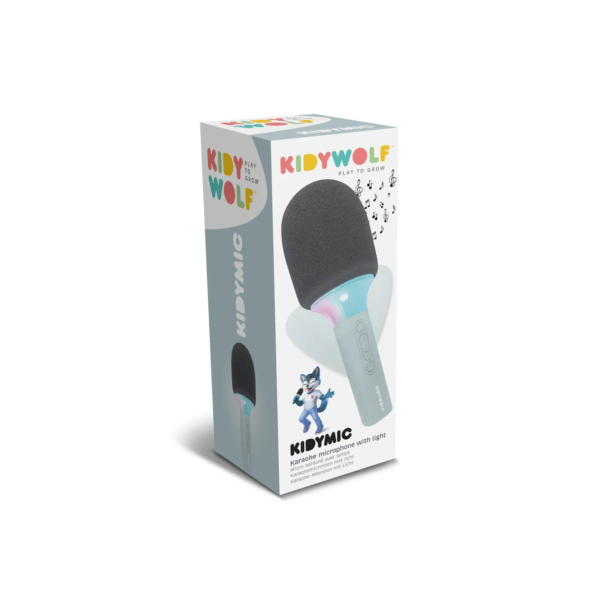Kidymic karaoke microphone retail box with black mic and glowing light