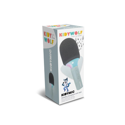 Kidymic karaoke microphone retail box with dark-and-mint handheld mic artwork
