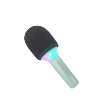 Kidymic karaoke microphone with dark foam head, mint handle, and multicolor light ring