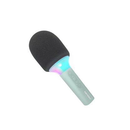 Kidymic karaoke microphone with dark foam head, mint handle, and multicolor light ring