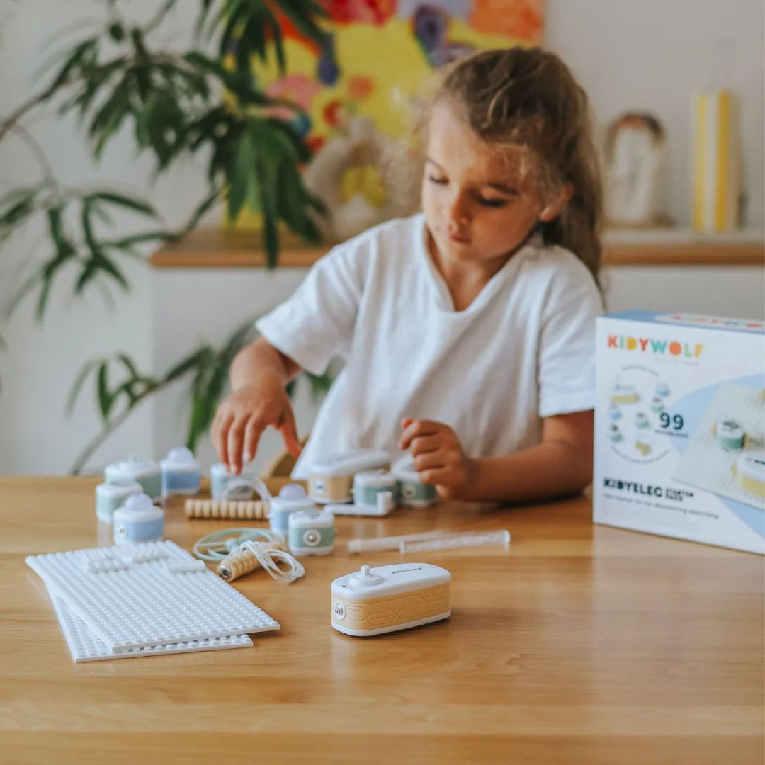 Electronics kit pieces on work mat with small modules and connecting cables