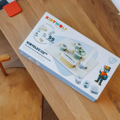 Kidyelec starter electronics kit retail box with circuit diagram and parts shown