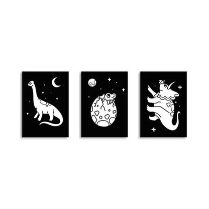 Set of three black light-up wall art sheets with cat and space designs