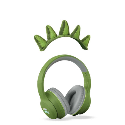 Green dinosaur Bluetooth headphones with gray ear cups and raised headband