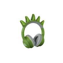 Dino Bluetooth headphones with green dinosaur hood and gray ear cushions