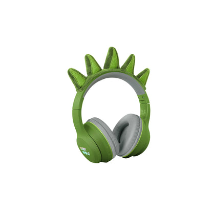 Dino Bluetooth headphones with green dinosaur hood and gray ear cushions