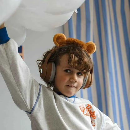 Brown bear-ear Bluetooth headphones with over-ear cushioned ear pads
