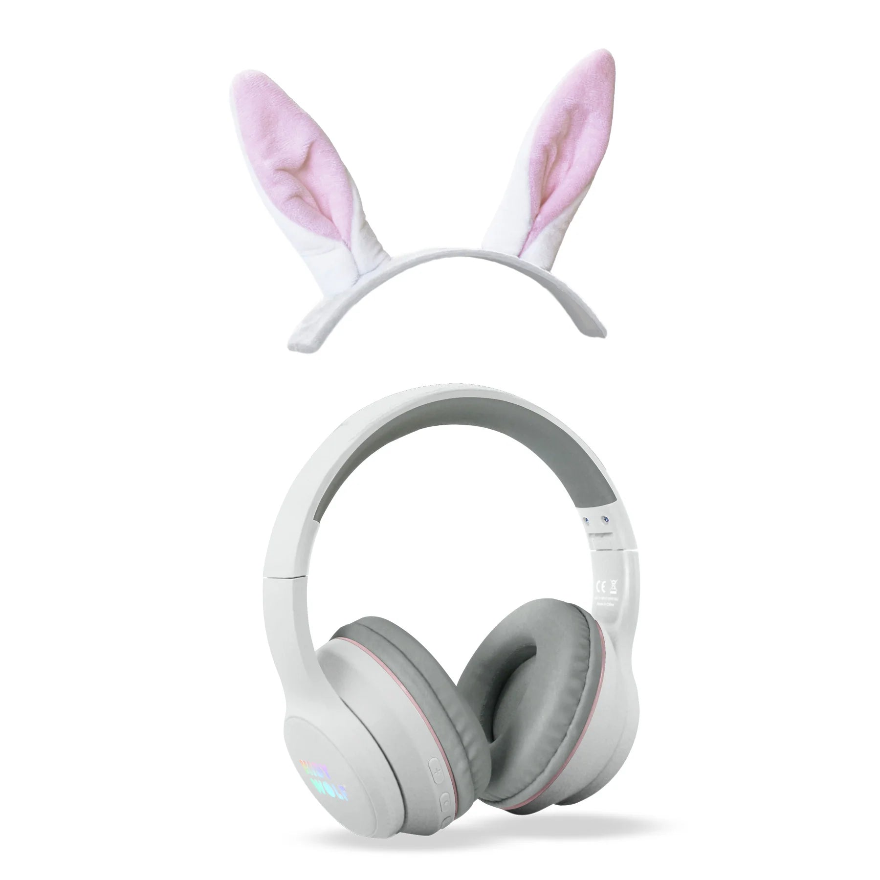 White kids Bluetooth over-ear headphones with pink rabbit ears and gray ear cushions