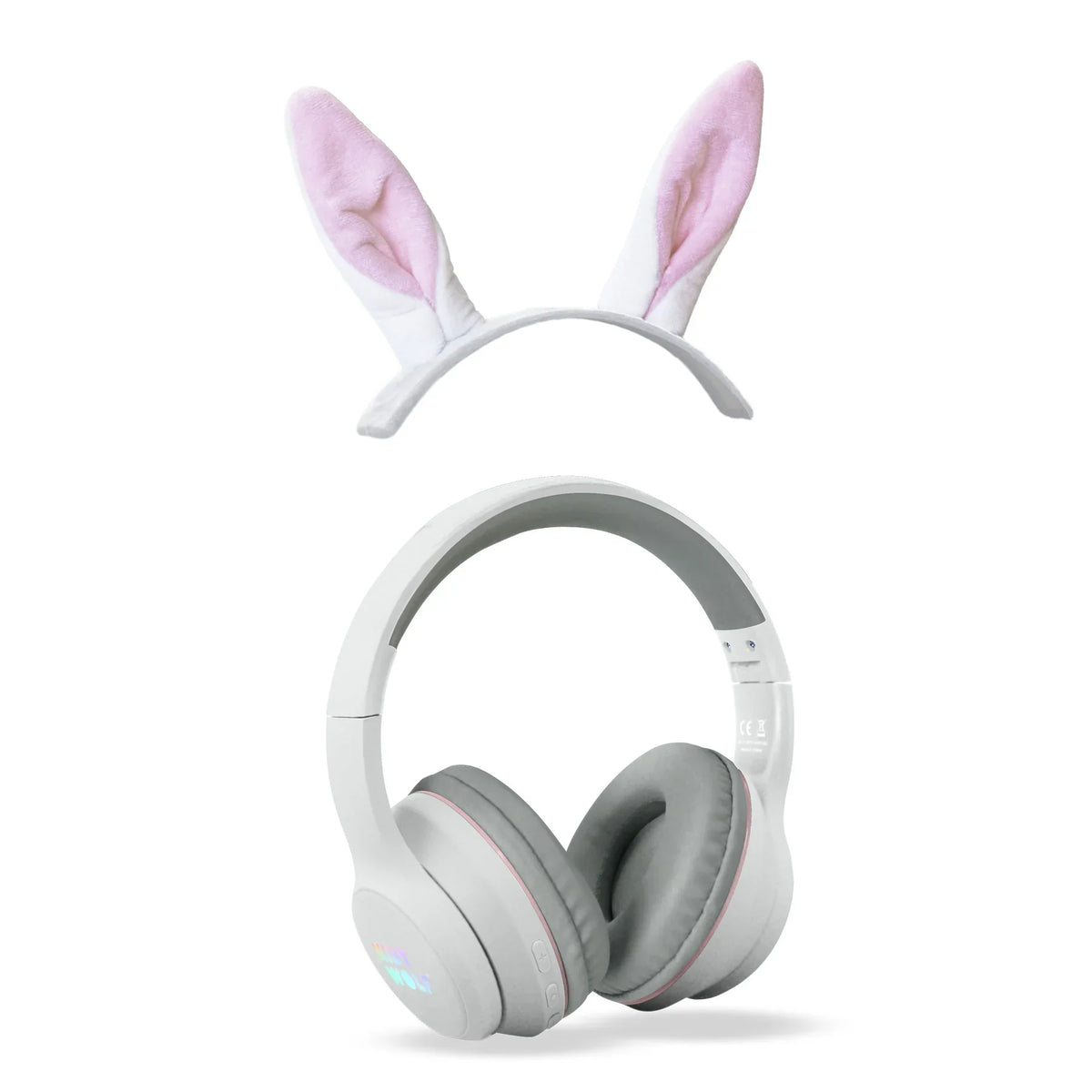 White bunny-ear Bluetooth headphones with padded gray ear cups