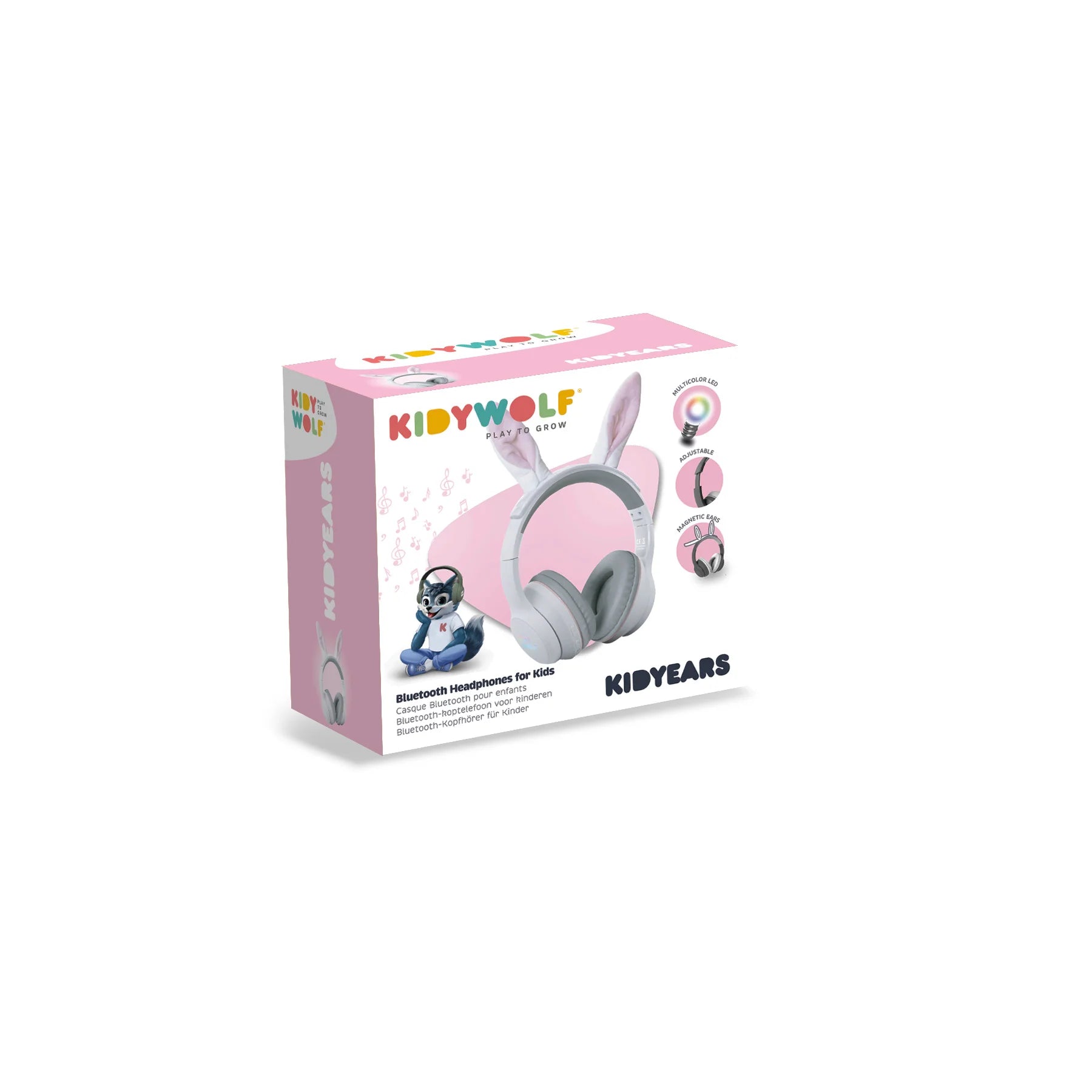 Kidyears headphone gift box with pink rabbit-ear headphone illustration