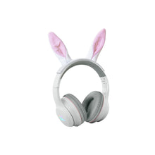 White kids Bluetooth over-ear headphones with pink rabbit ears and gray padded earcups