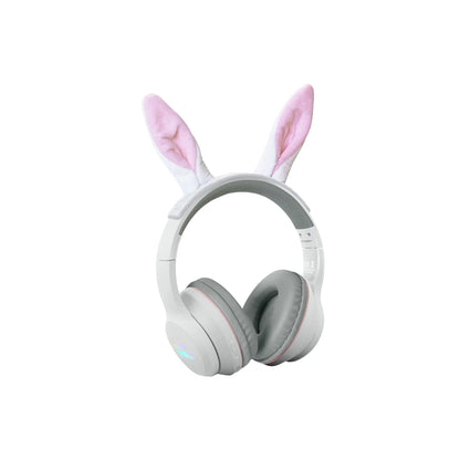 White kids Bluetooth over-ear headphones with pink rabbit ears and gray padded earcups