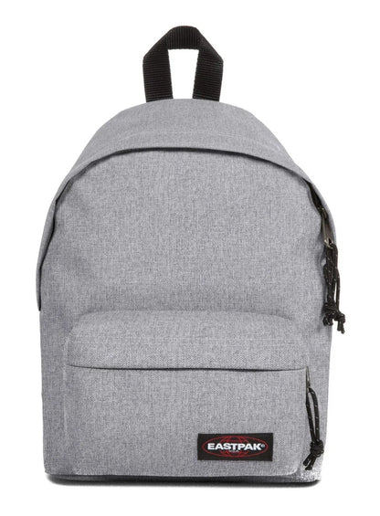 Eastpak grey fabric mini backpack with front zip pocket and top handle loop