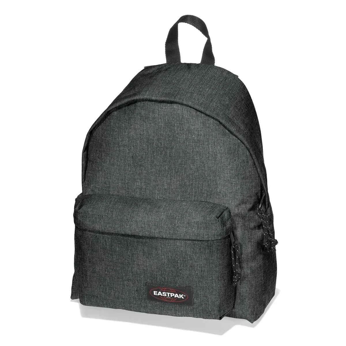 Dark grey denim padded backpack with top handle and front pocket, Eastpak logo patch