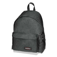 Dark grey denim padded backpack with top handle and front pocket, Eastpak logo patch