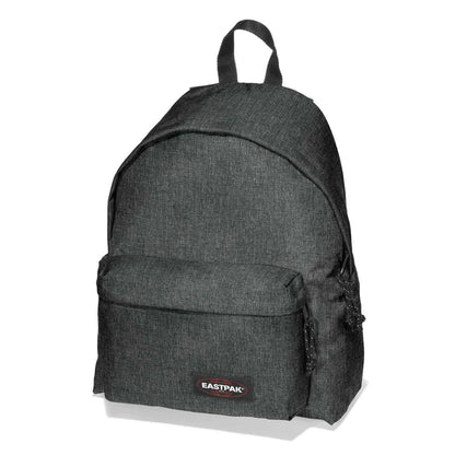 Dark grey denim padded backpack with top handle and front pocket, Eastpak logo patch
