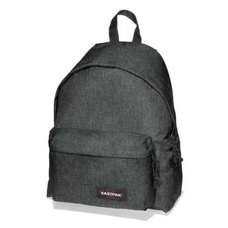 Black denim padded backpack with front pocket and top handle, Eastpak logo patch