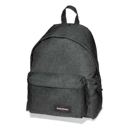 Black denim padded backpack with front pocket and top handle, Eastpak logo patch