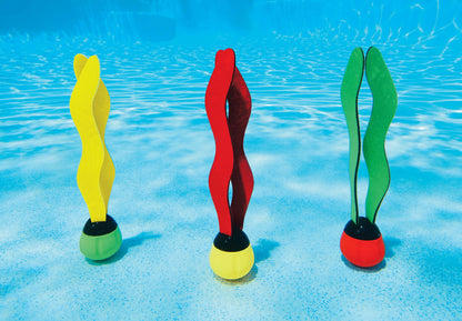 Underwater flippers toy with floating balls: yellow, red, and green double fins