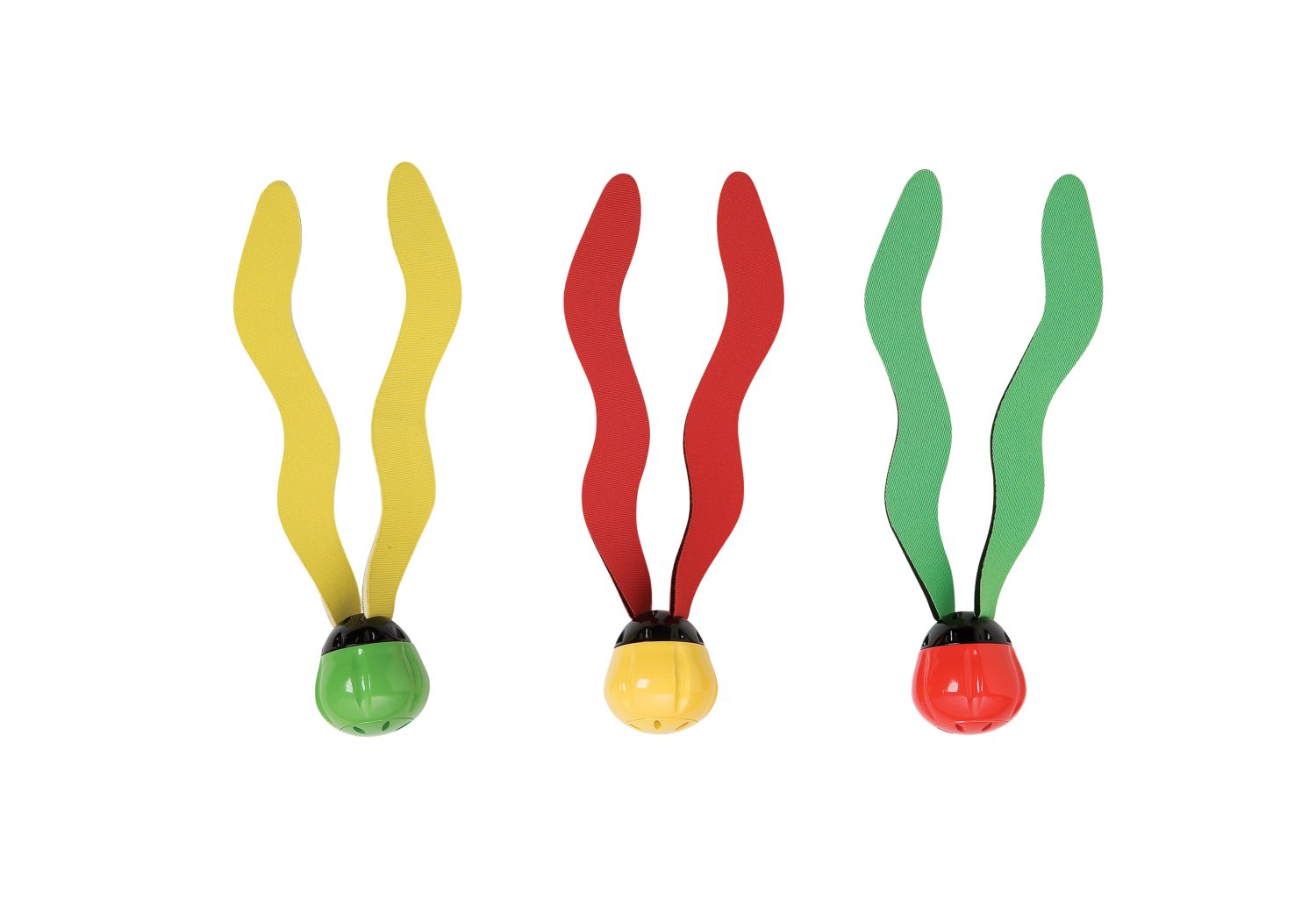 Underwater flippers toy with floating balls in yellow, red, and green double fins