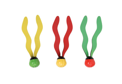 Underwater flippers toy with floating balls in yellow, red, and green double fins