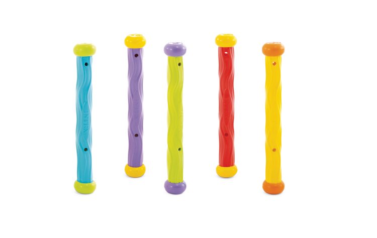 Underwater play sticks set of five in blue, purple, green, red, and yellow with caps
