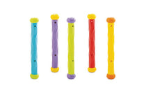Underwater play sticks set of five in blue, purple, green, red, and yellow with caps