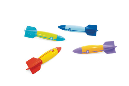 Underwater torpedo toy rockets, four colors with side fins and pointed nose cones
