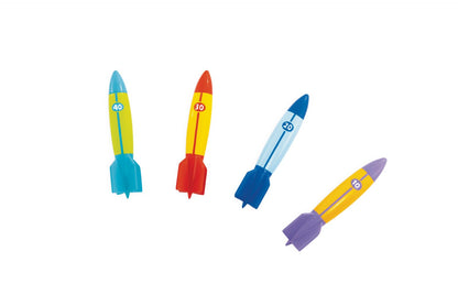 Underwater torpedo toy rockets, four assorted colors with fin bases and numbered bands